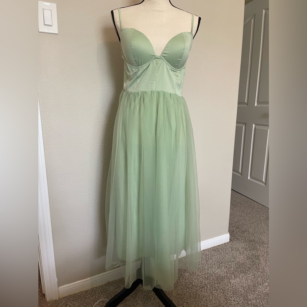 Mint Green Tulle Midi Dress with Bustier Bodice